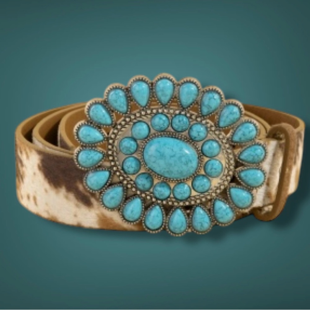 Blue Stone Faux Leather/Fur Western Fashion Belt